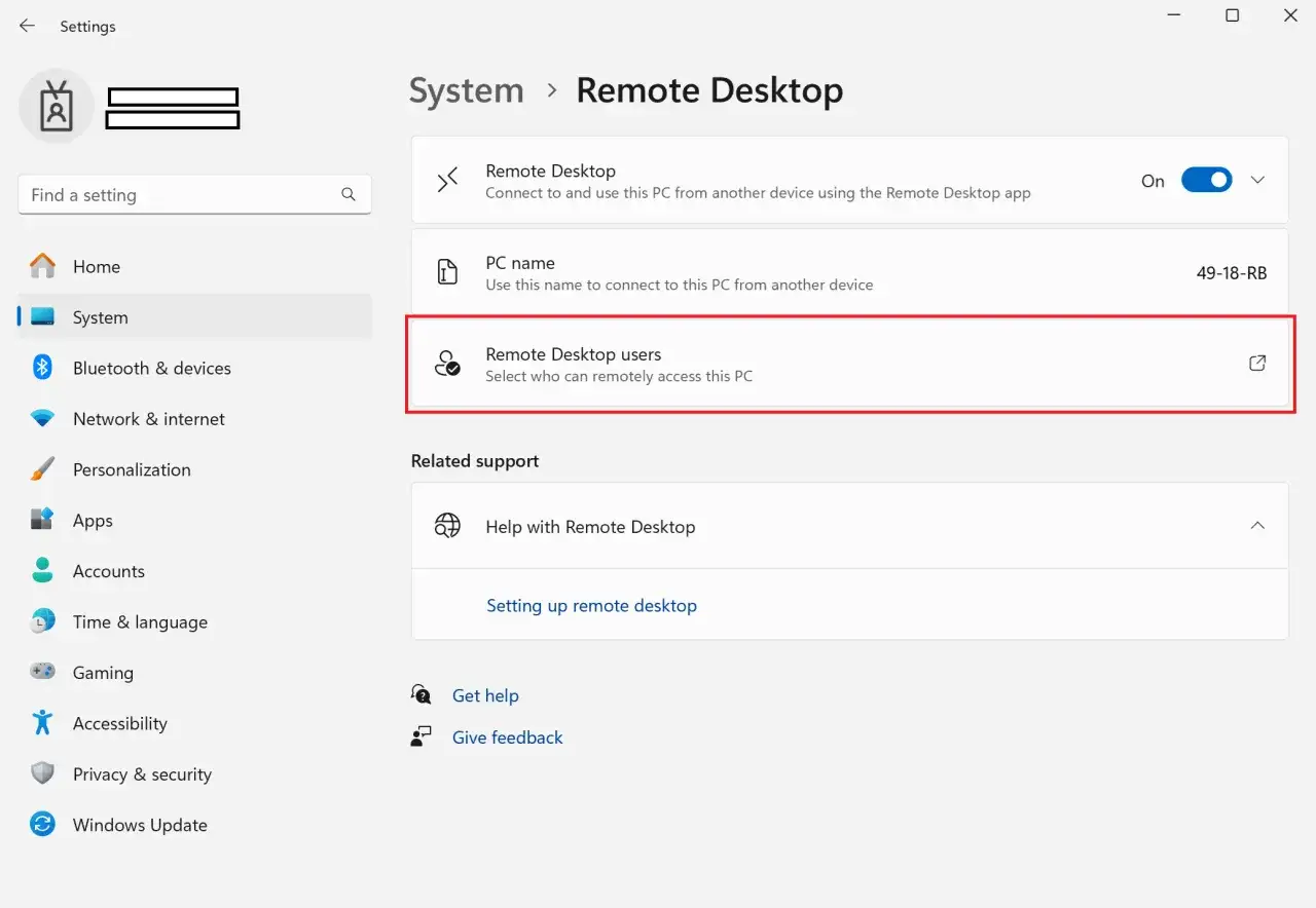 Configurar escritorio remoto Windows 10: sección