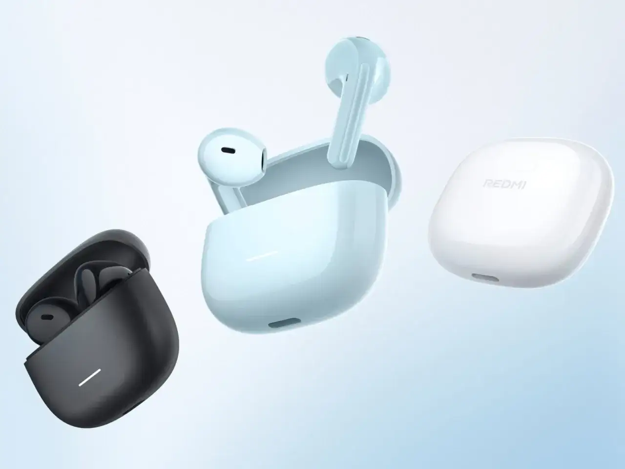 Tres estuches de Redmi Buds 8 Lite flotando: uno negro abierto con auriculares, uno azul claro abierto con auriculares y uno blanco cerrado.