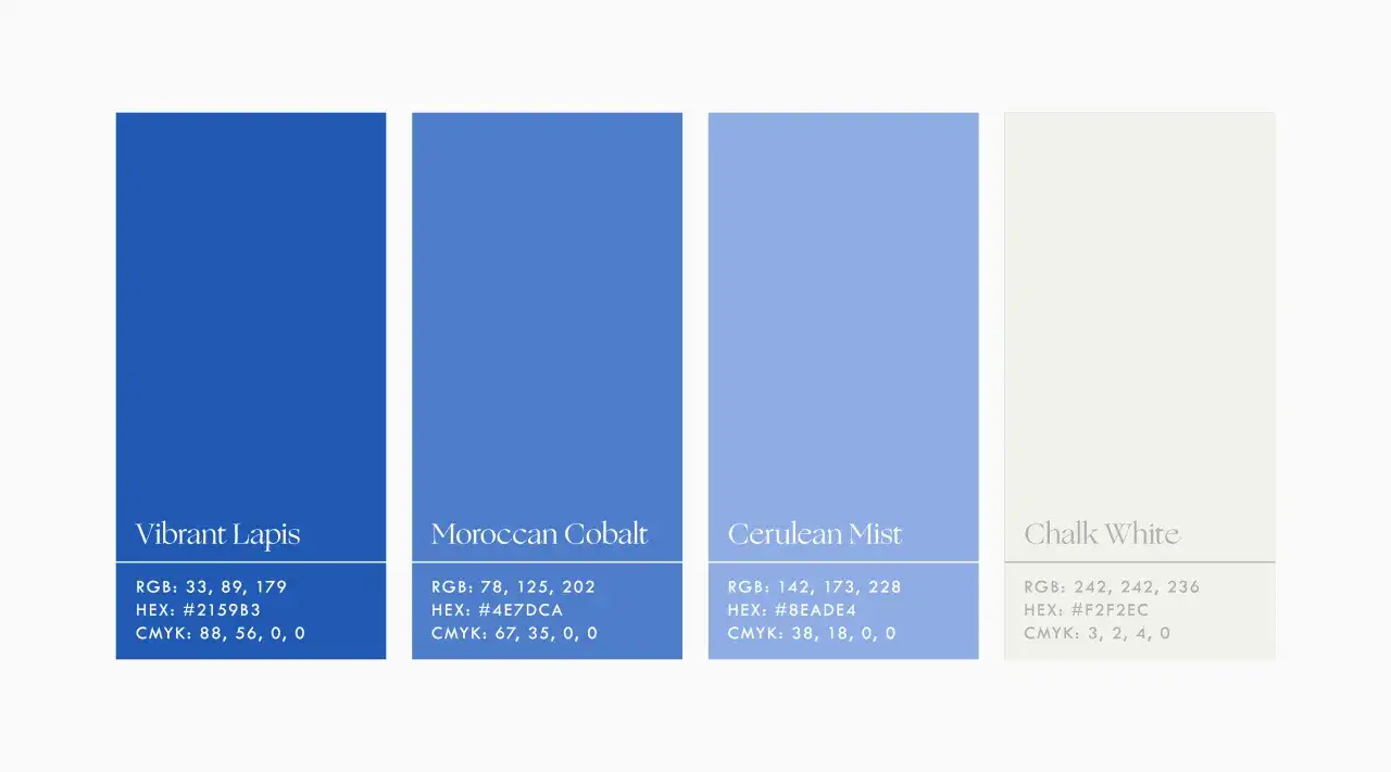 Color palette featuring Vibrant Lapis, Moroccan Cobalt, and Cerulean Mist blues, alongside Chalk White.