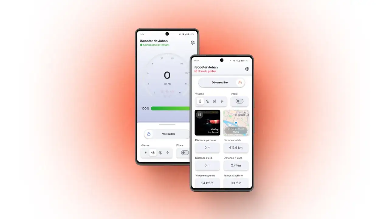 Application mobile pour trottinette électrique. Guide pour comment mettre le bluetooth sur une trottinette électrique, avec affichage de la vitesse et de la batterie.