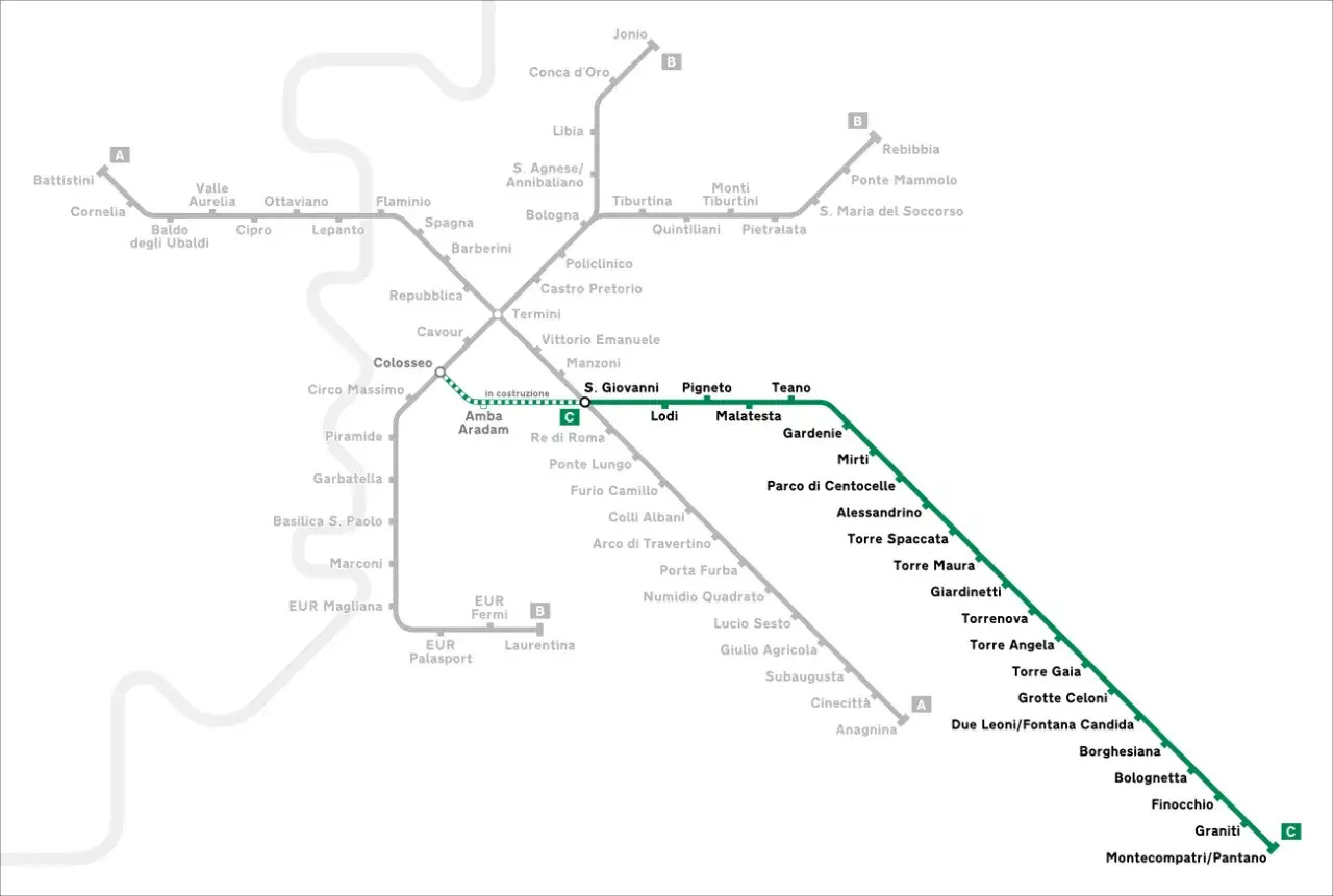 Mappa del percorso metro C di Roma, con le fermate da Amba Aradam a Montecompatri/Pantano.