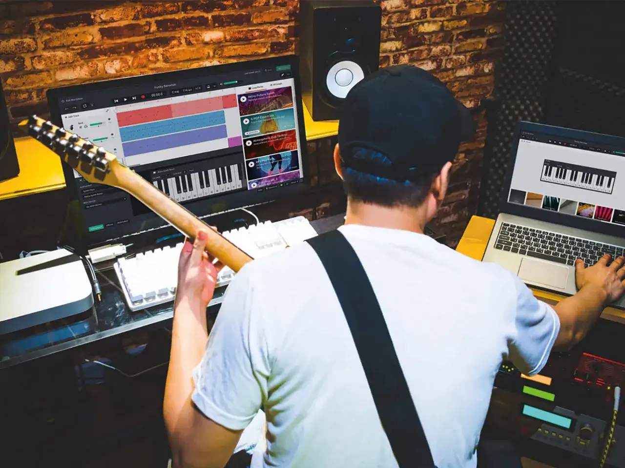 Un musicien compose en ligne, guitare en main, devant un &eacute;cran affichant une table de mixage et un clavier virtuel.