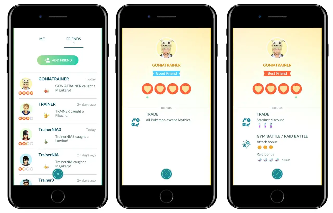 Ekran gry Pok&eacute;mon GO z listą znajomych. Widać postępy w relacjach z innymi graczami, np. 