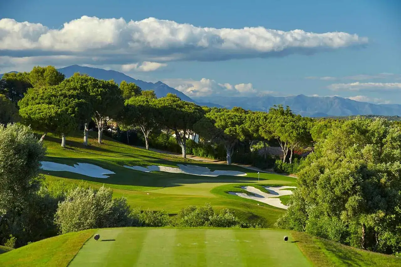 Gr&uuml;ner Golfplatz mit Pinien und Bergen im Hintergrund. Ein perfekter Abschlag auf dem Valderrama Golf.