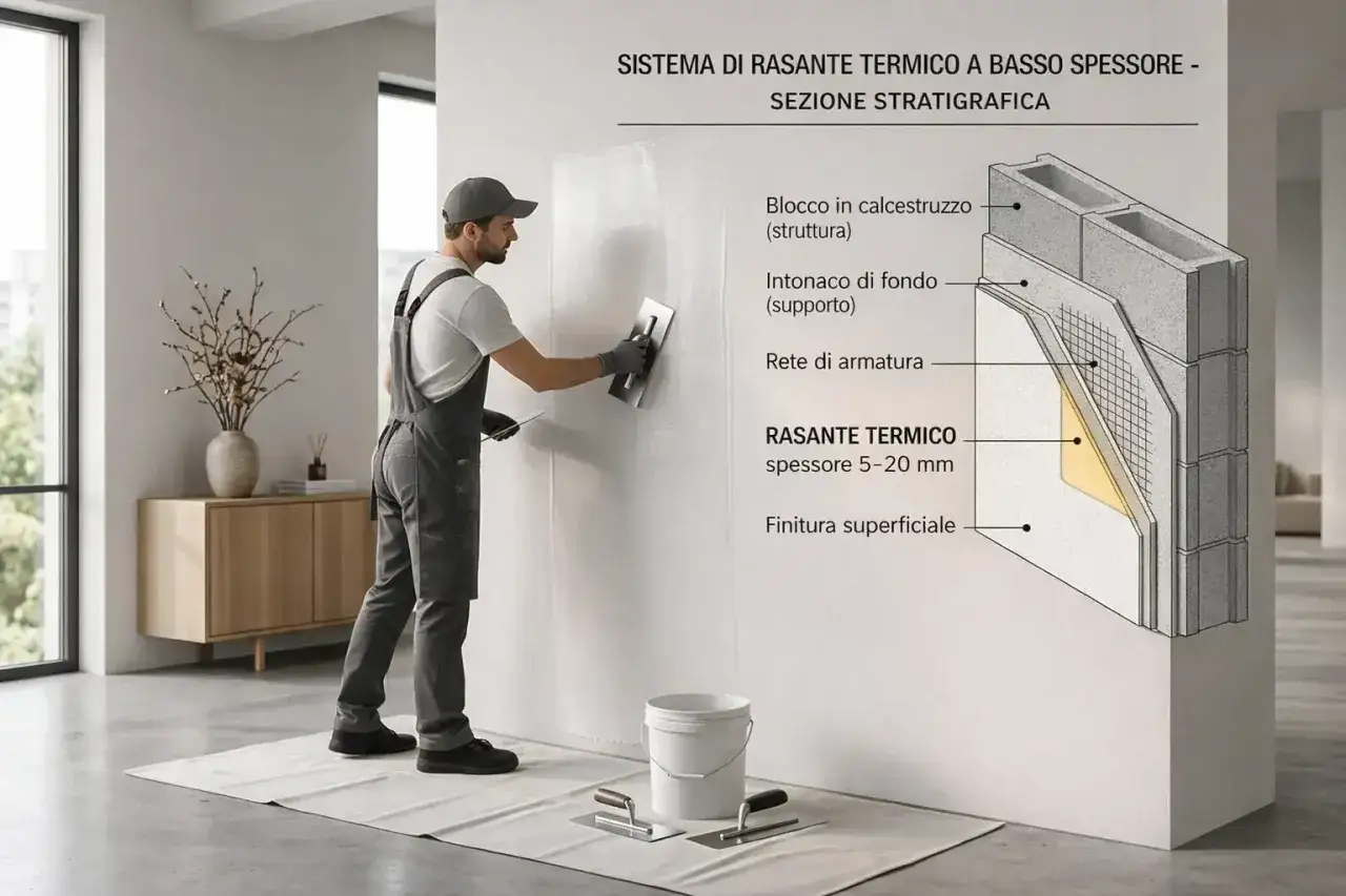 Un operaio applica un rasante termico su un muro. Dopo l'intonaco posso pitturare la parete, creando un ambiente pi&ugrave; confortevole.