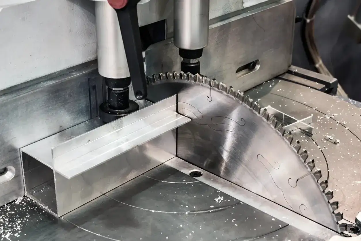 Precisionss&aring;g f&ouml;r att s&aring;ga aluminiumprofiler. En vass klinga &auml;r redo att kapa metallen.