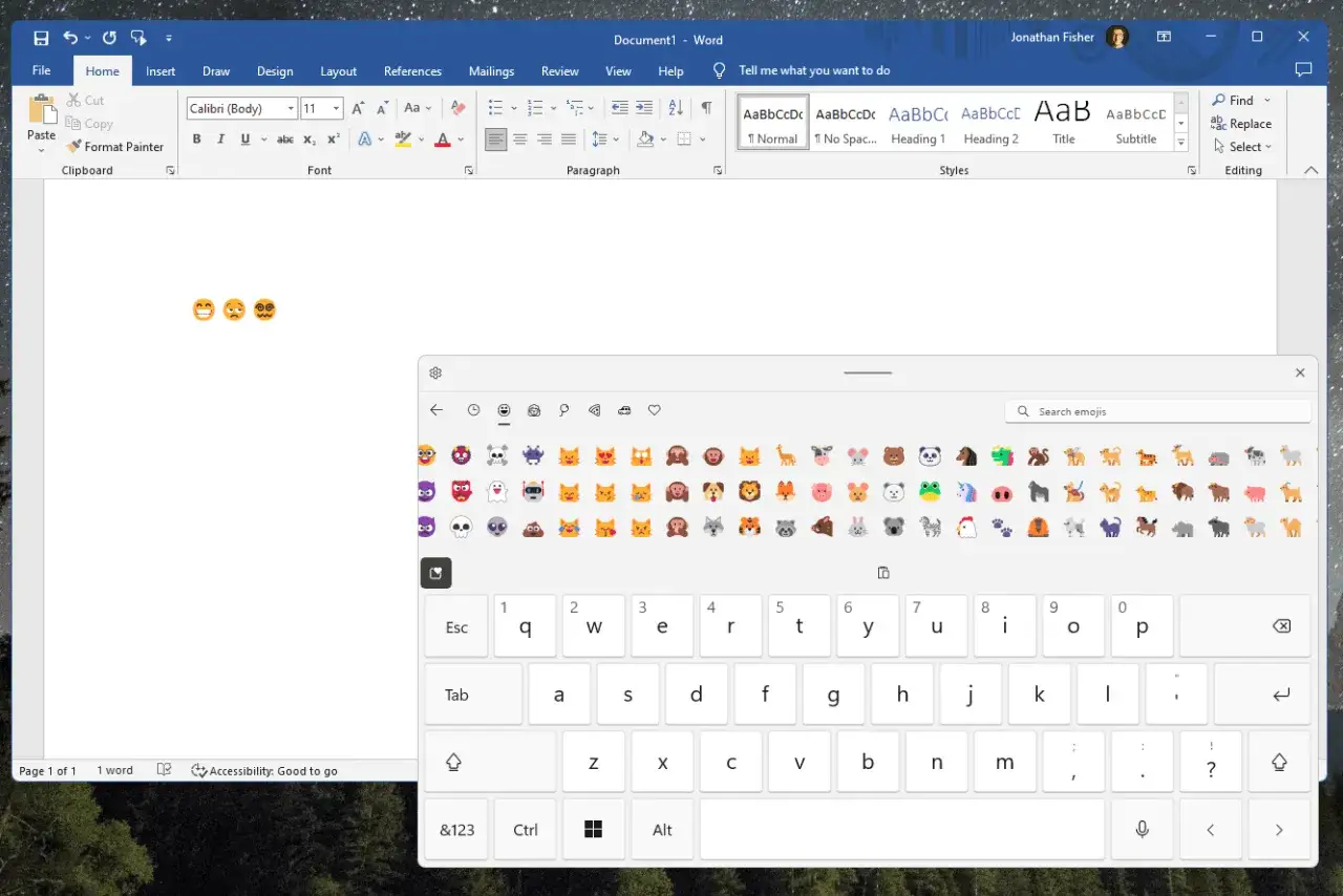 En emoji-tangentbord visas, redo att l&auml;gga till ett kortkommando emoji i ditt dokument.