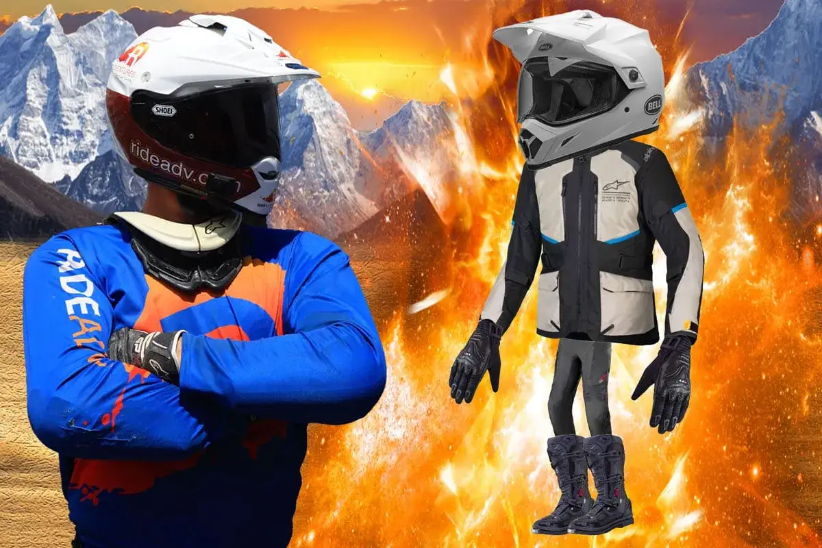 Dos motoristas con equipo de aventura, uno con traje azul y naranja, el otro con chaqueta y pantalones grises. El fondo es un paisaje montañoso con fuego. ¿Qué es Gore-Tex?