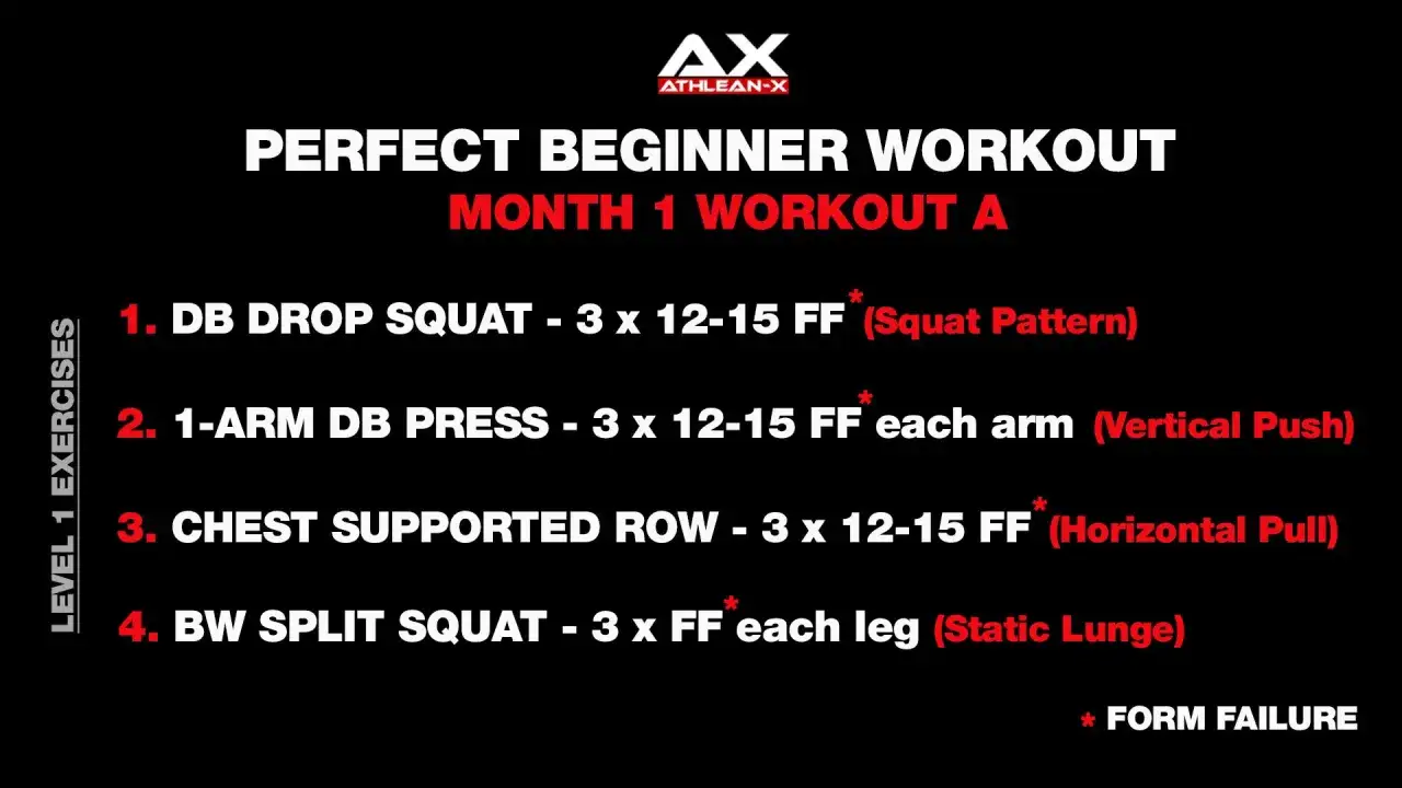 Programme musculation d&eacute;butant : 1er mois, entra&icirc;nement A. Inclut squats, d&eacute;velopp&eacute;, rowing et fentes.