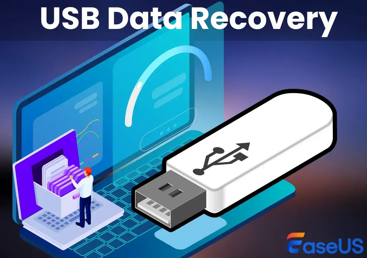 Recupera datos de un USB en formato RAW. Un técnico organiza archivos en una laptop, mientras un USB gigante se conecta.