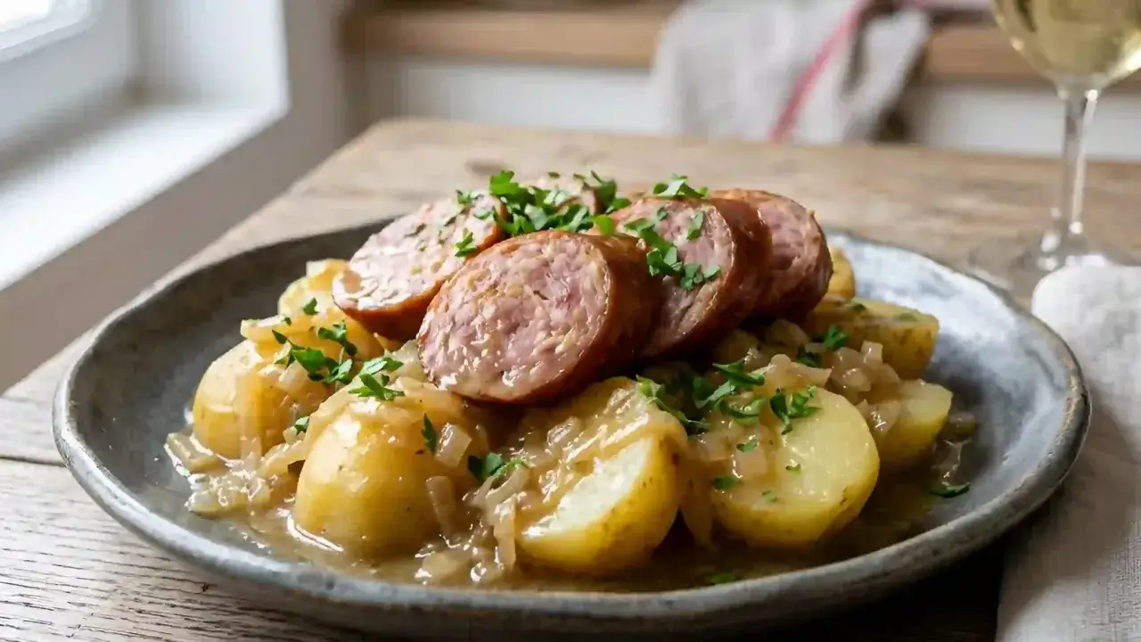 Saucisse au vin blanc savoureuse servie avec des pommes de terre tendres et une sauce onctueuse, garnie de persil frais.