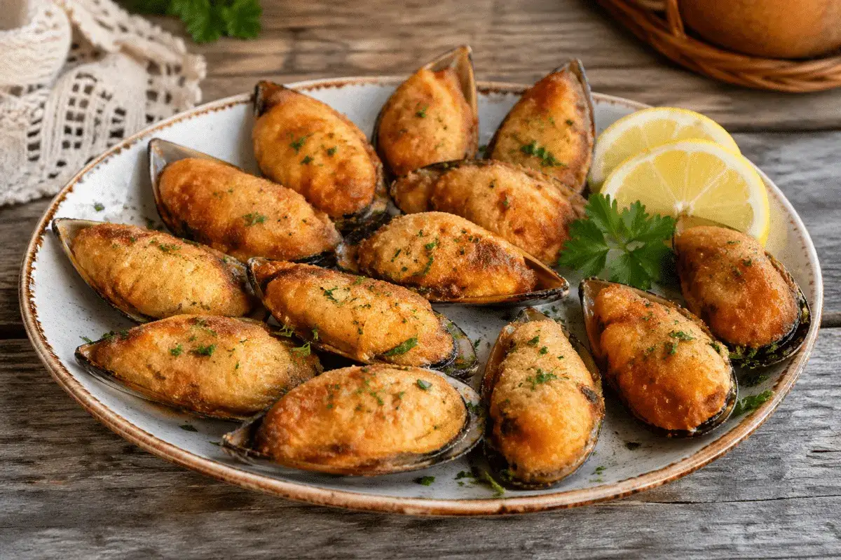 Mejillones tigre gallegos gratinados, listos para disfrutar. Una deliciosa receta gallega.