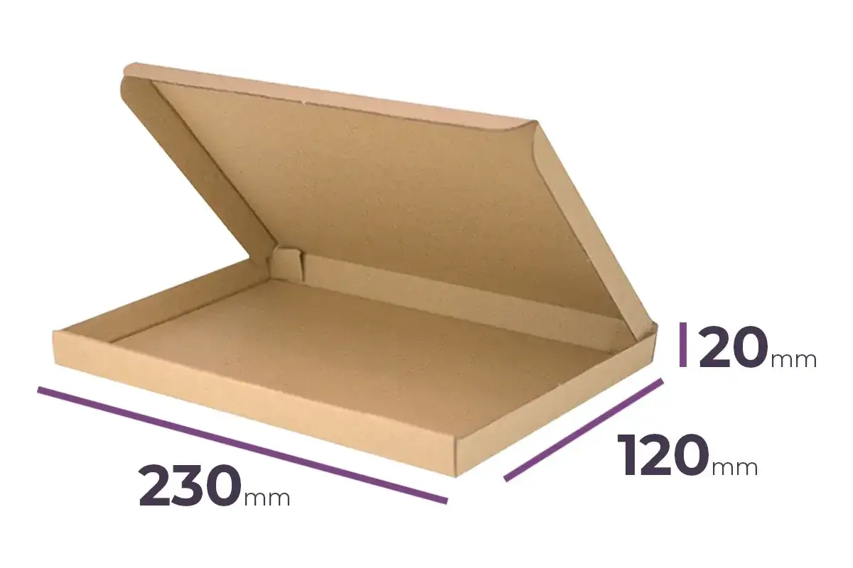 Otwarty karton z wymiarami: 230mm długości, 120mm szerokości i 20mm wysokości. Idealny, by zmierzyć karton i zapakować drobne przedmioty.