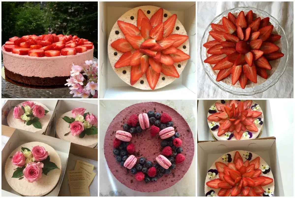 Flera vackra jordgubbsmousse tårtor, dekorerade med färska jordgubbar, bär och blommor. En fest för ögat och gommen!