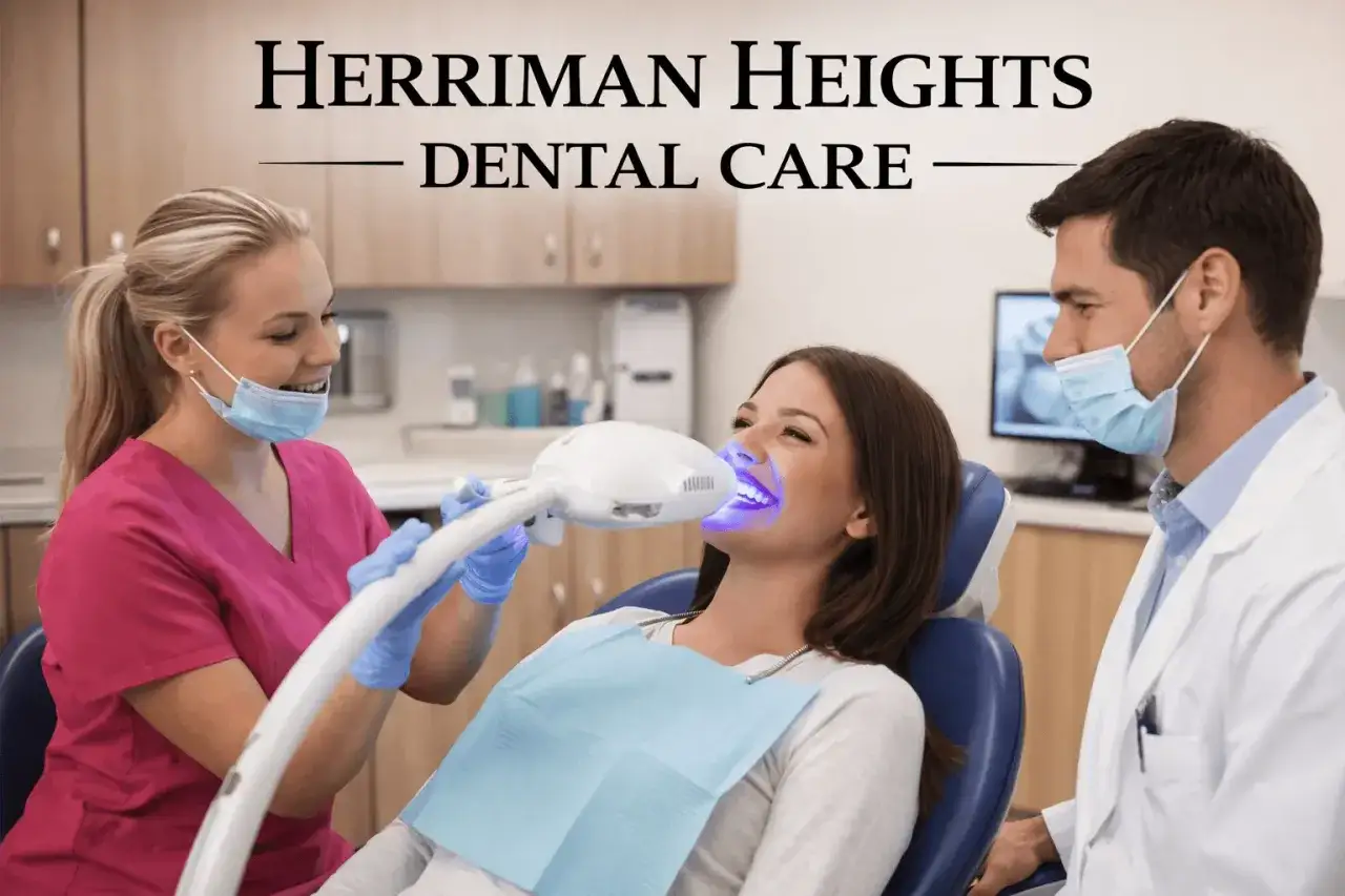 Dentystka i dentysta pomagają pacjentce jak wybielić zęby w gabinecie Herriman Heights Dental Care.
