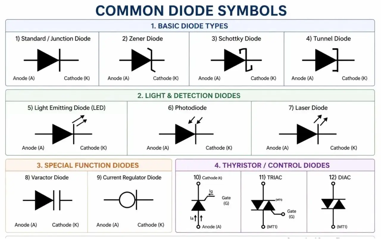 Schematyczne symbole różnych typów diod: standardowej, Zenera, Schottky'ego, tunelowej, LED, fotodiody, lasera, waraktorowej, regulatora prądu, TRIAC i DIAC.