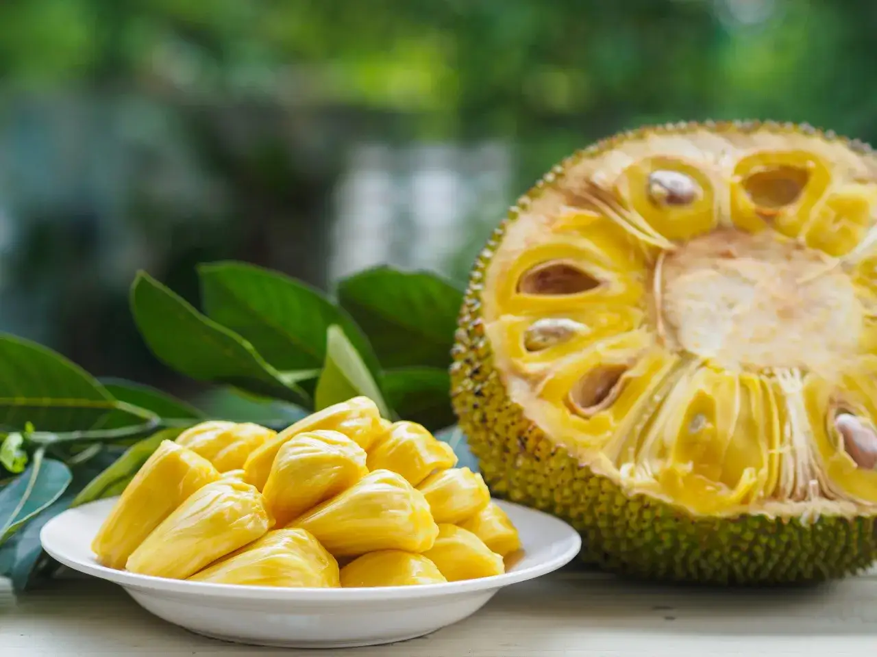 Odkryj jackfruit – co to za owoc? Na talerzu żółte segmenty, obok przekrojona, zielona skórka z nasionami.