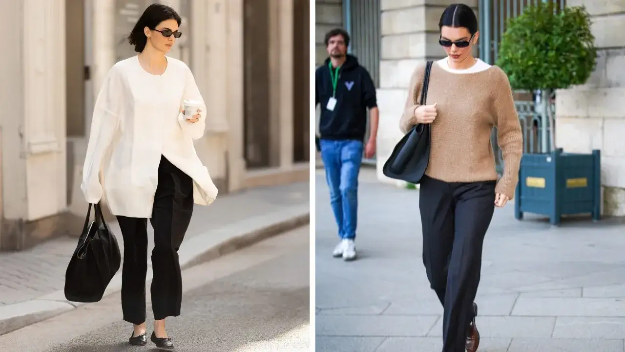 Kendall Jenner in Paris, seen in two chic outfits: a white oversized top with black pants, and a cozy brown sweater with black trousers.