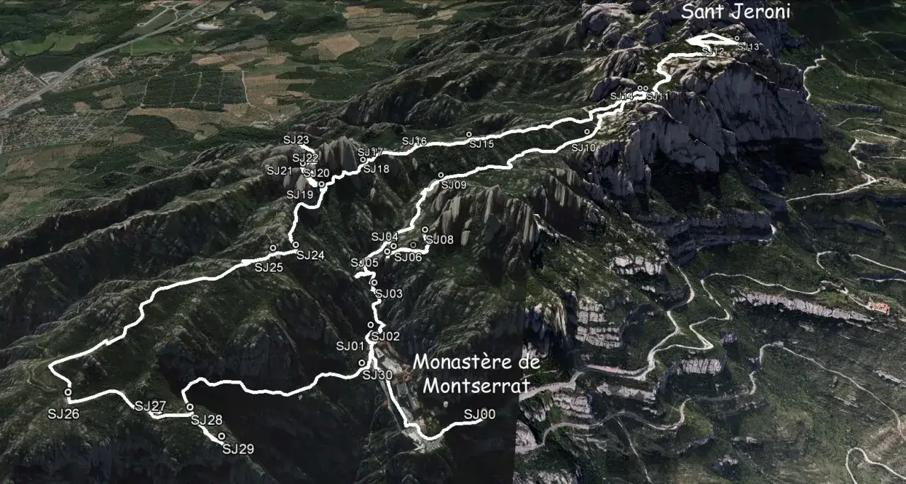 Vue aérienne du parcours de randonnée à Montserrat, avec le monastère et le sommet de Sant Jeroni indiqués.