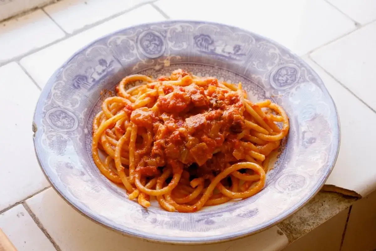 En tallrik med bucatini pasta i en mustig tomatsås, perfekt för ett enkelt bucatini pasta recept.