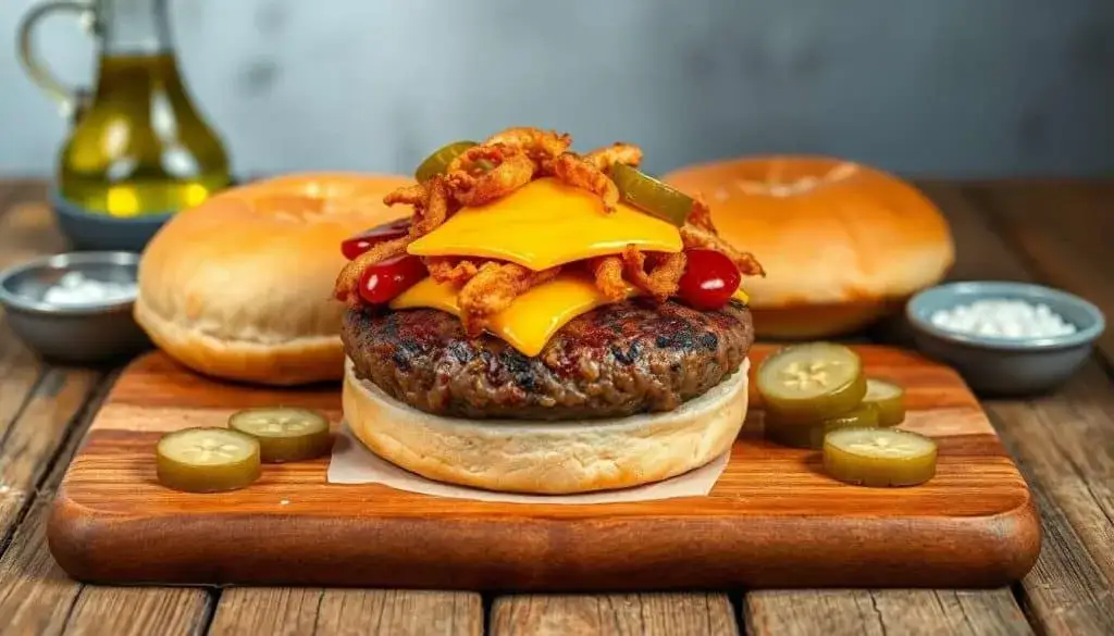 burger maison gourmand et juteux sur une planche en bois