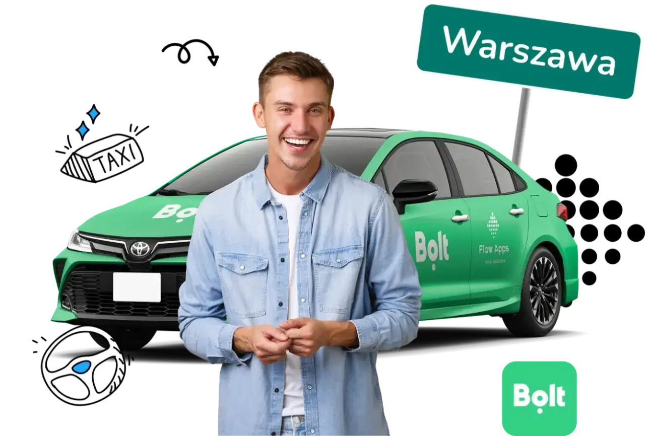 Uśmiechnięty kierowca Bolt w Warszawie, obok zielonego auta i symboli aplikacji. Praca Bolt czeka!