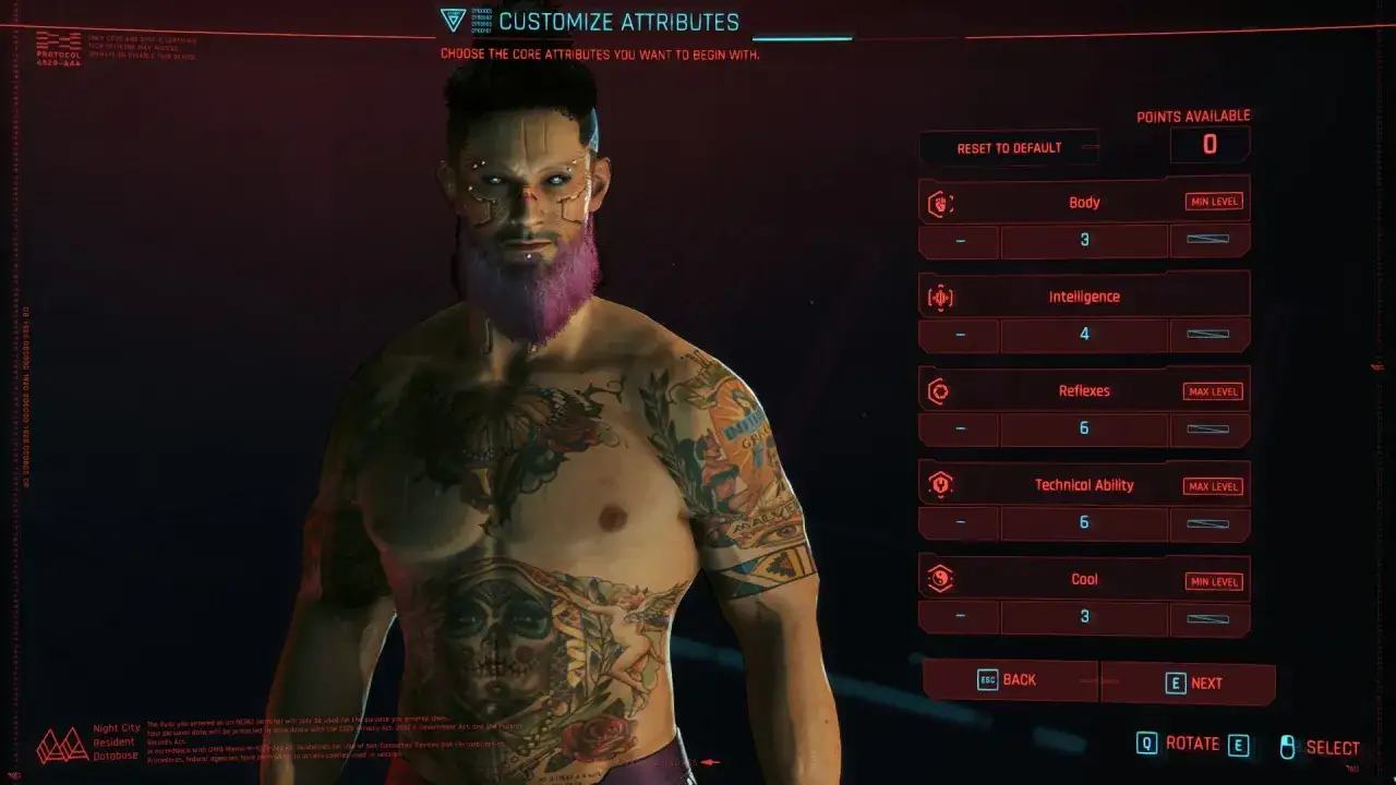 Cyberpunk poradnik: tworzenie postaci z tatuażami i fioletową brodą, wybór atrybutów.