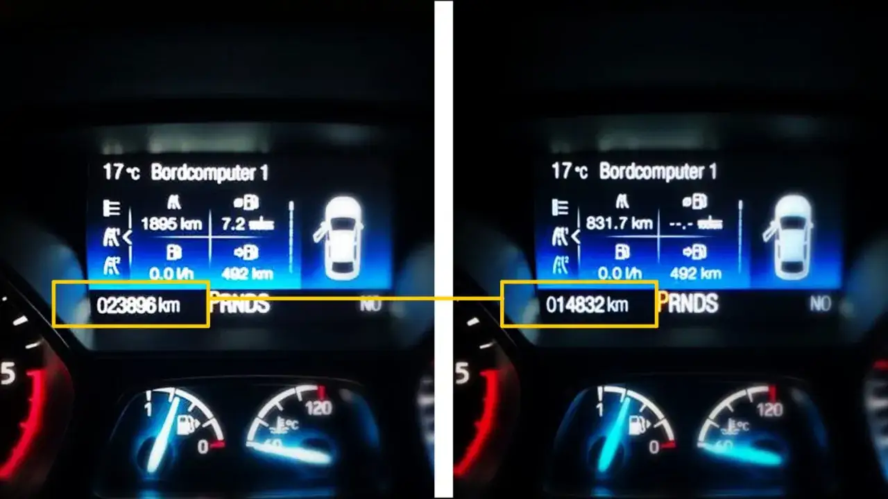 Zwei Ansichten eines Auto-Bordcomputers. Links zeigt der Kilometerstand 23.896 km, rechts 14.832 km.