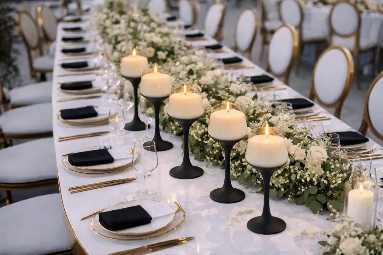 Eleganckie wesele w stylu zimowym. Długi stół ozdobiony białymi kwiatami i płonącymi świecami tworzy magiczną atmosferę.