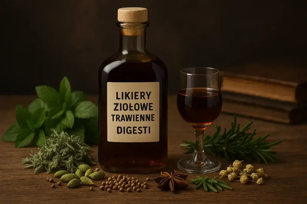 Butelka z ziołowym likierem i kieliszek, otoczone świeżymi ziołami i przyprawami. Jagdstolz - esencja natury w każdym łyku.