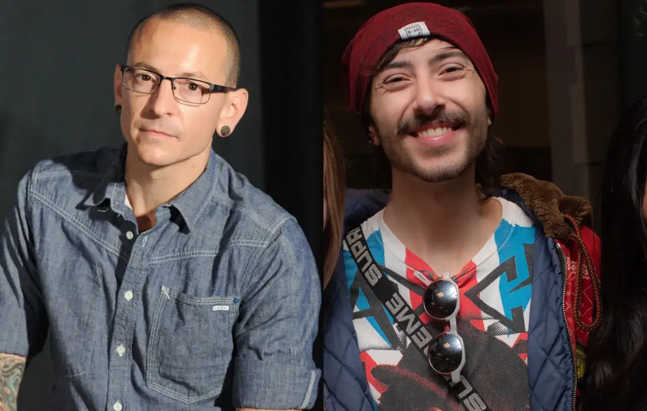 Draven Sebastian Bennington, w okularach i dżinsowej koszuli, obok uśmiechniętego mężczyzny w czerwonej czapce.