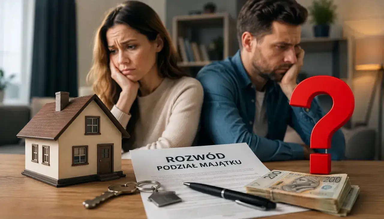 Zmartwieni małżonkowie przy domku, kluczach i dokumentach 