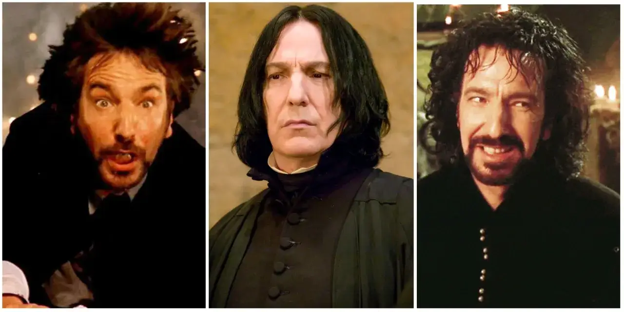 Trzy ujęcia Alana Rickmana w filmach: przerażony, surowy Snape i uśmiechnięty.