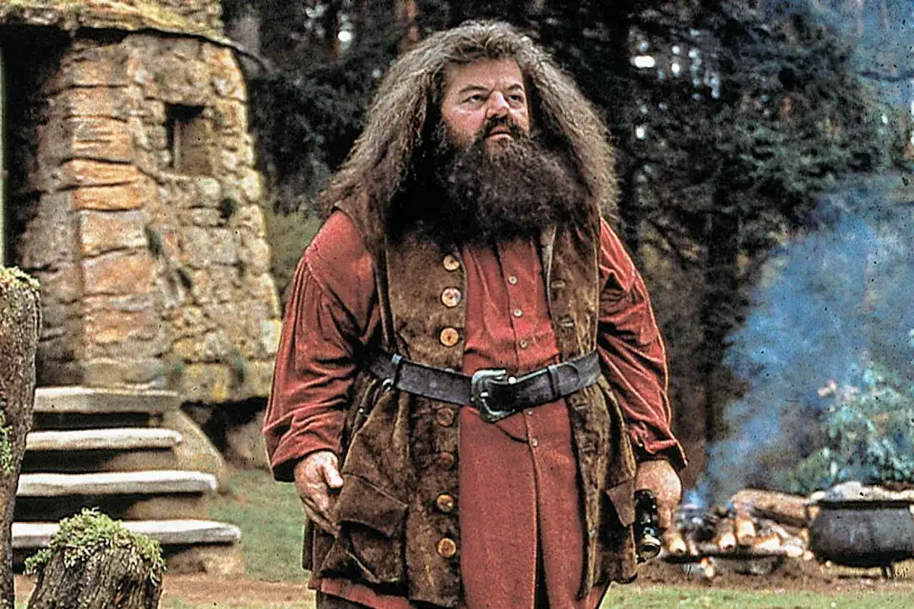 Aktor Hagrid, z bujną brodą i rozczochranymi włosami, stoi przed kamienną chatką.