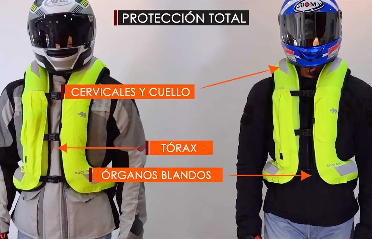 Dos motoristas con chalecos inflables de alta visibilidad. Estos chalecos, que funcionan como airbag para motos, protegen cervicales, cuello, tórax y órganos blandos.