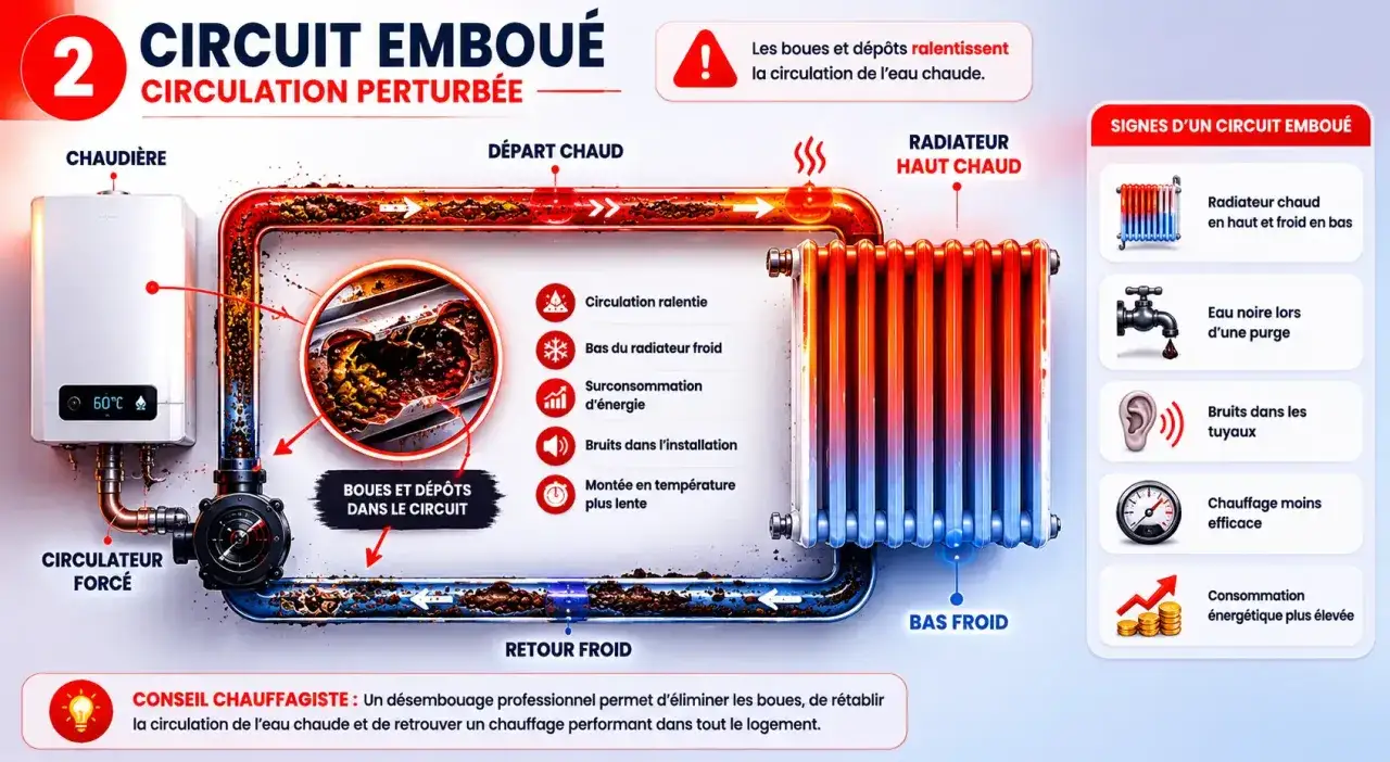 Schéma montrant pourquoi mes radiateurs ne chauffent pas : boues et dépôts dans le circuit, circulation ralentie, radiateur froid en bas.