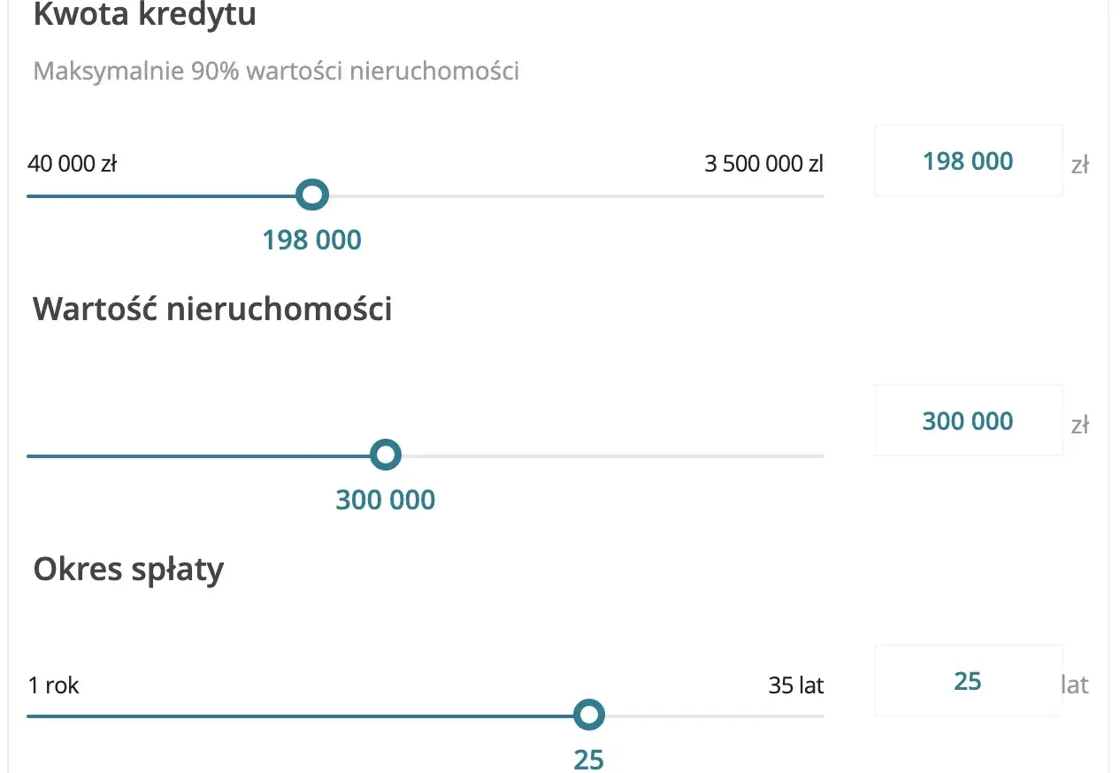 Kalkulator kredytu hipotecznego: kwota 198 tys. zł, wartość nieruchomości 300 tys. zł, okres spłaty 25 lat. Idealny dla os&oacute;b z najniższą krajową.