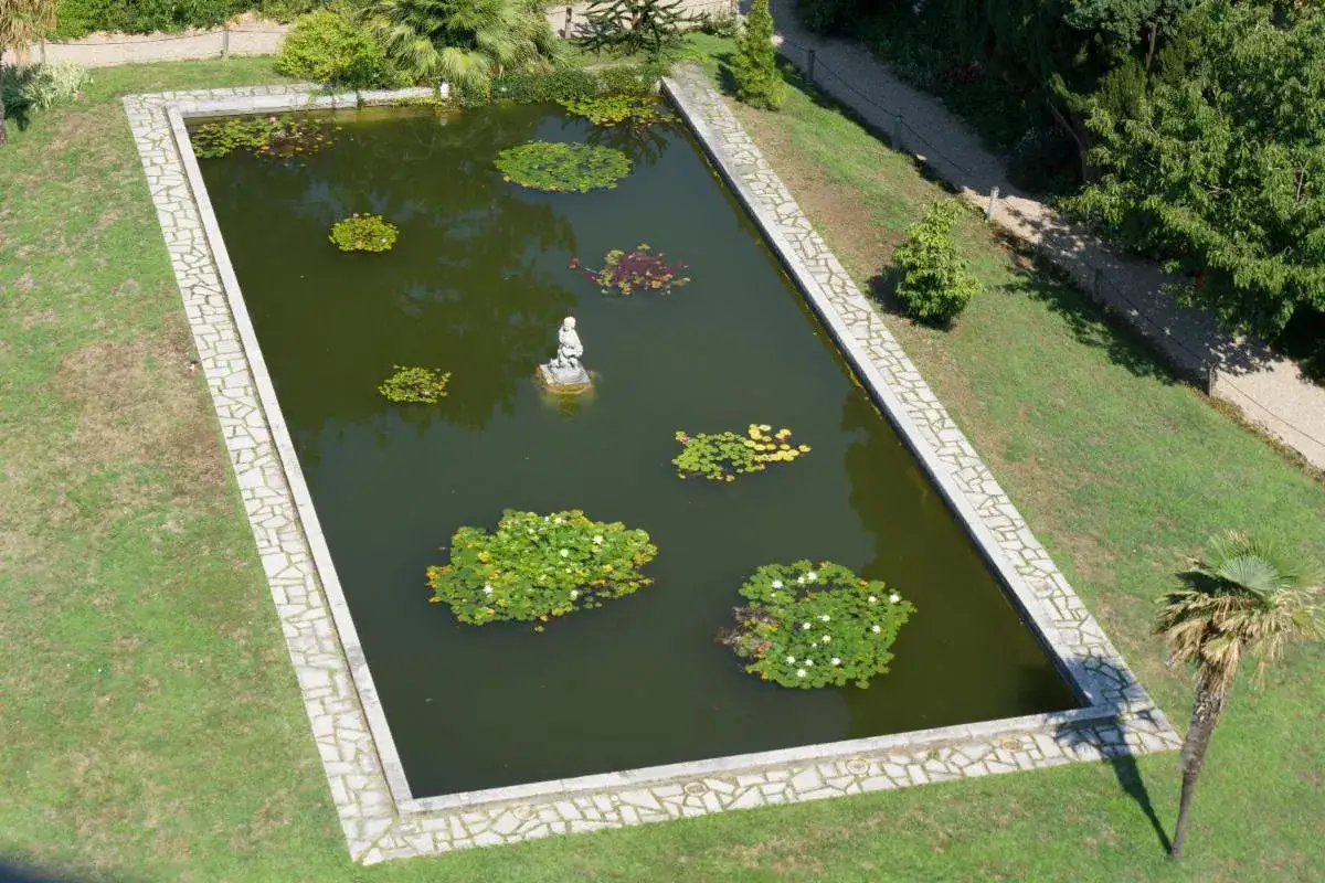 Un étang de pêche rectangulaire avec une statue, des nénuphars et des plantes aquatiques. Le prix d'un étang de pêche comme celui-ci dépend de sa taille et de son entretien.