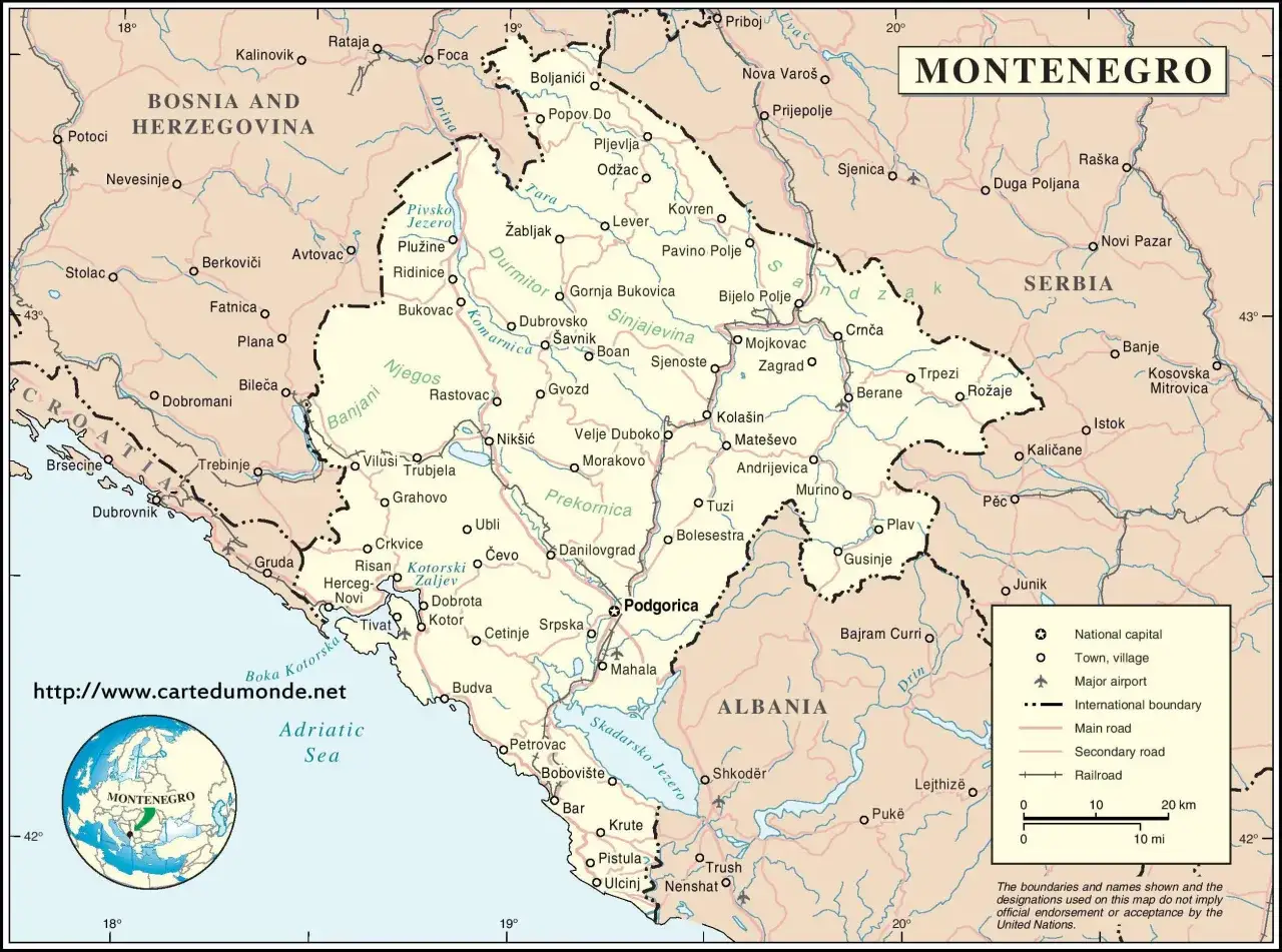 Mapa pokazuje gdzie jest Czarnogóra, jej stolica Podgorica, miasta i granice z Bośnią i Hercegowiną, Serbią, Albanią i Chorwacją.