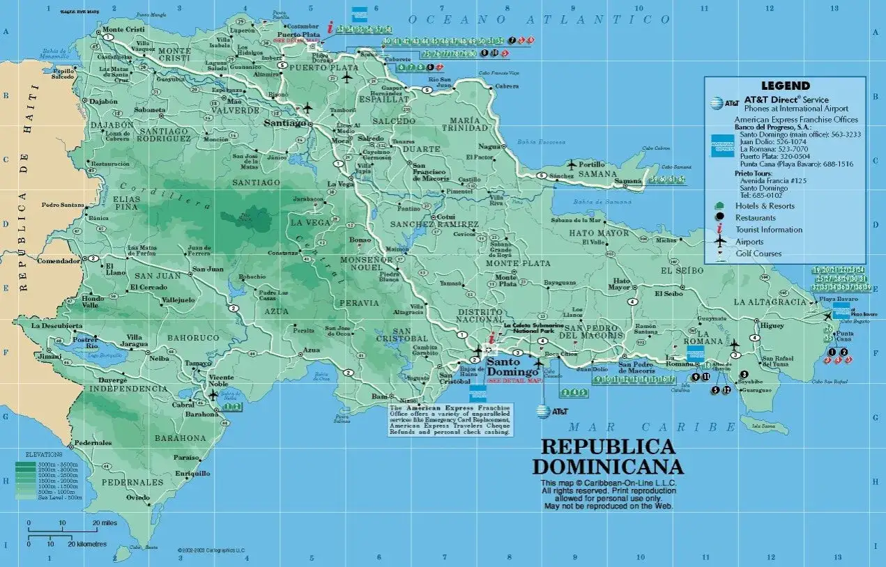 Mapa Dominikany, państwa sąsiadującego z Haiti, z zaznaczonymi miastami, drogami i atrakcjami turystycznymi.