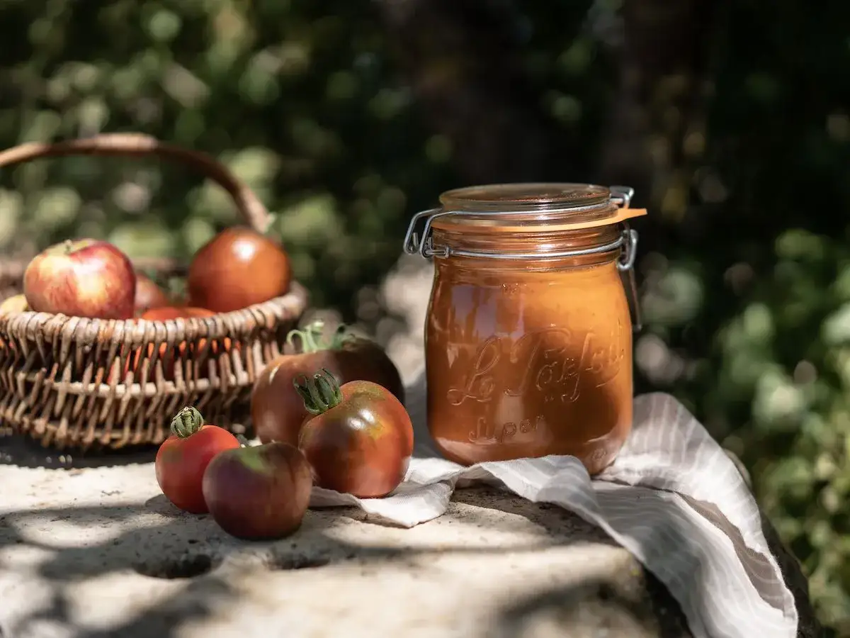Un bocal de ketchup maison, entour&eacute; de tomates fra&icirc;ches et d'une corbeille de pommes, &eacute;voque les saveurs de l'&eacute;t&eacute;.
