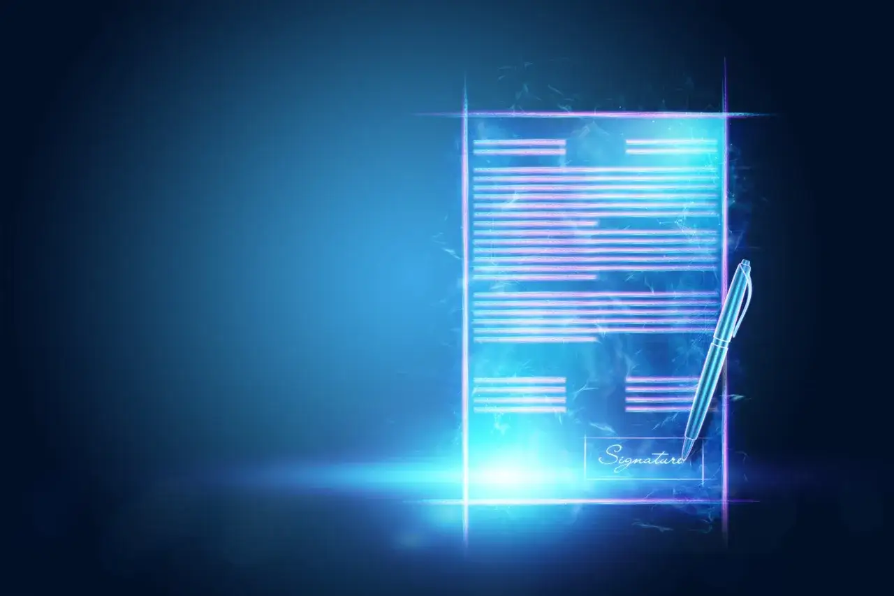 Un contrato de gesti&oacute;n digitalizado con l&iacute;neas de luz azul y rosa, y un bol&iacute;grafo listo para firmar.