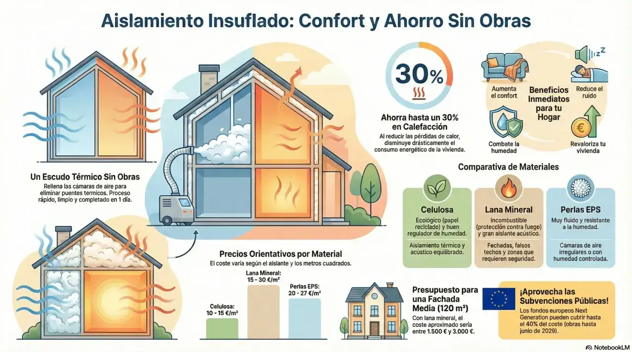 Infografía sobre aislamiento insuflado, destacando ahorro en calefacción y beneficios. Menciona subvenciones eficiencia energética Galicia.