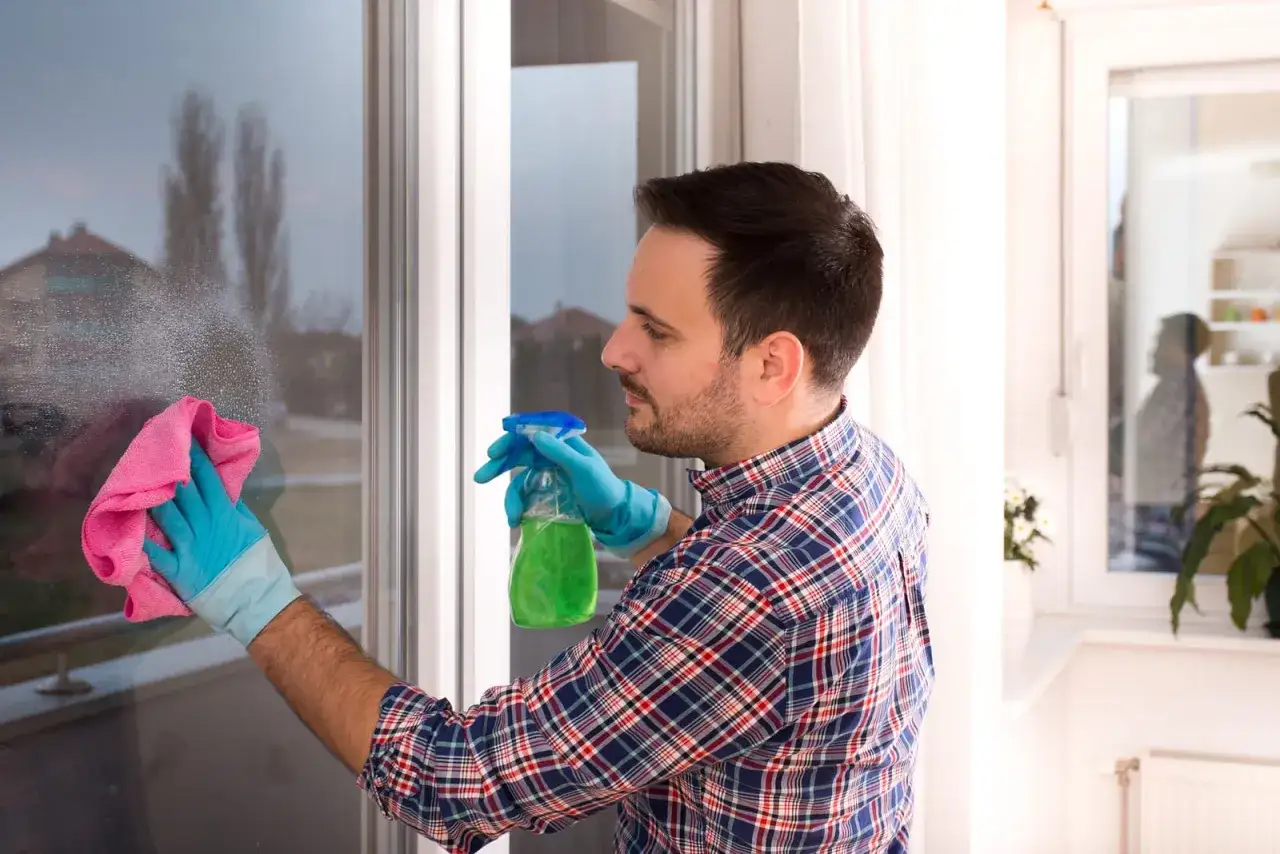 Hombre con guantes azules limpia ventana con spray y paño rosa. ¡Ahora entiendo porque hay tanto polvo en mi casa!