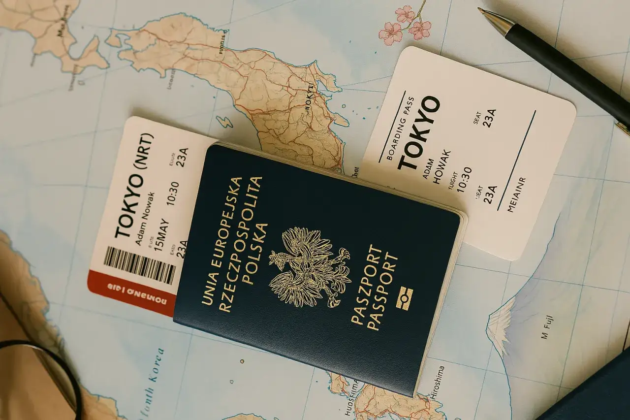 Pasport i bilety lotnicze na Tokio leżą na mapie Japonii. Planujesz wyjazd na własną rękę?