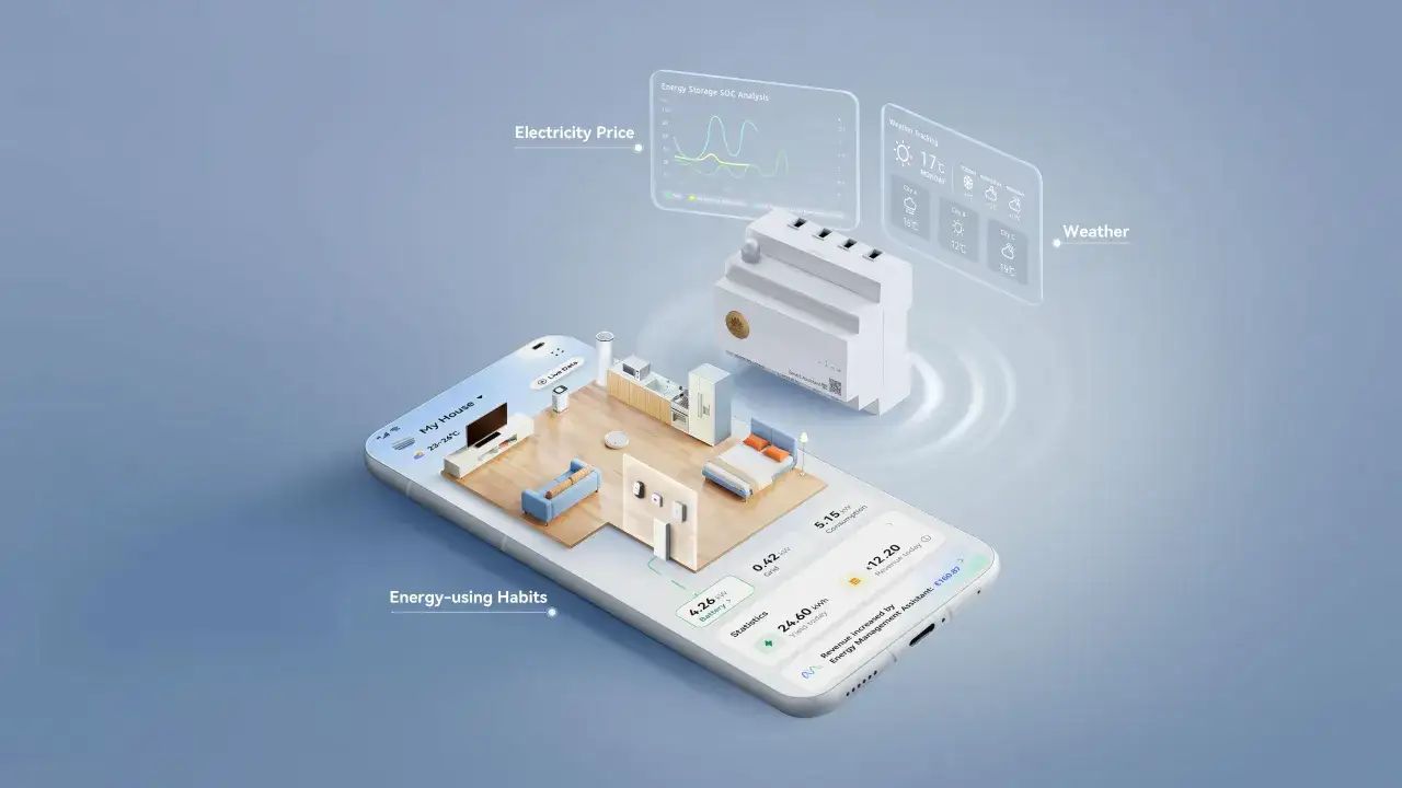 Huawei solceller integreras med smart hem-teknik f&ouml;r att optimera energianv&auml;ndning. En app visar husets energifl&ouml;den, elpriser och v&auml;derprognoser.