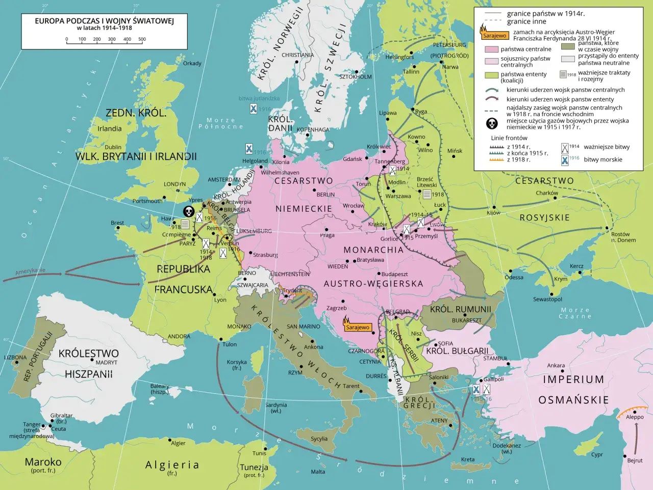 Mapa Europy 1914-1918. Państwa centralne poniosły klęskę przez wojnę na wielu frontach i wyczerpanie zasobów.