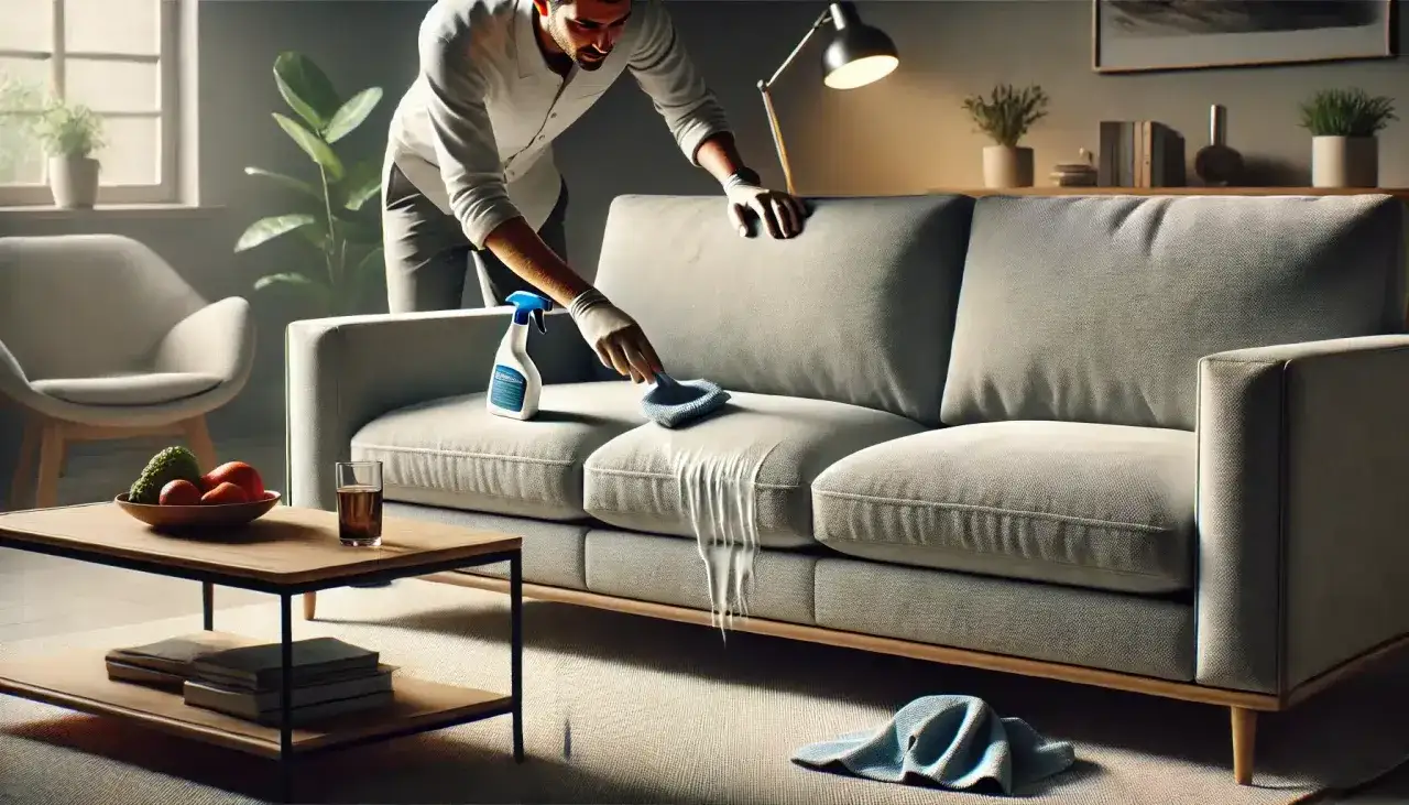 Un homme nettoie un canapé en alcantara avec un spray et une brosse. Il est important de savoir comment nettoyer un canapé en alcantara pour le garder en bon état.