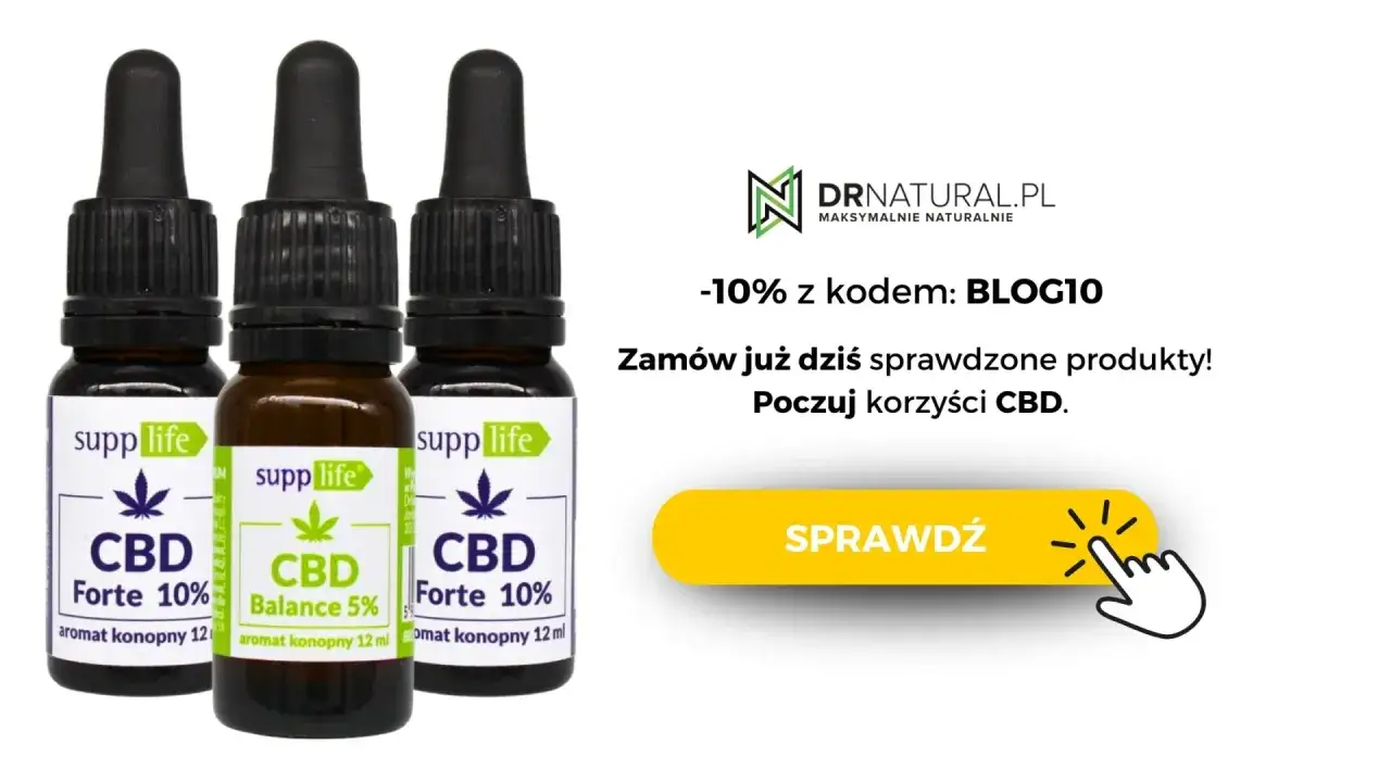 Olejek CBD pom&oacute;gł mi poczuć ulgę. Trzy buteleczki z kroplomierzami, r&oacute;żne stężenia CBD, obok logo DRNATURAL.PL i przycisk 