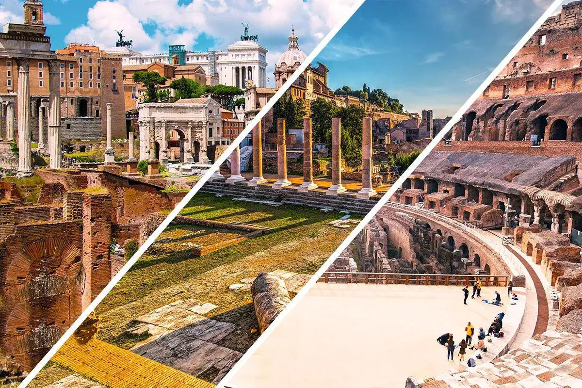 Mosaïque de Rome : le Forum Romain, des colonnes antiques et l'arène du Colisée.